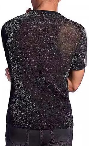 Men's Sheer See Through Mesh Tee Glitter Button Front Short Sleeve T-Shirt Tops in Kuwait