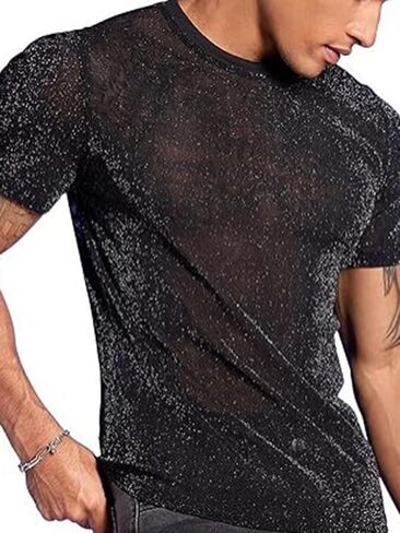 Men's Sheer See Through Mesh Tee Glitter Button Front Short Sleeve T-Shirt Tops in Kuwait