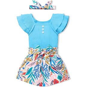Toddler Girls Clothes Ruffle Sleeve Tops Cute Short Sets with Headband 3PC Toddler Girl Outfit
