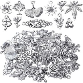 BronaGrand 100 Gram Antique Silver Maple Leaves Charms Marijuana Leaf Pendants Alloy Cannabis Tree Leaves Charms for DIY Jewelry Making Craft Supplies, Mixed Styles