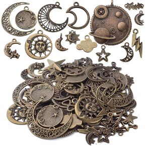BronaGrand Celestial Charms Pendants,50g(About 56pcs) Antique Gold Mixed Sun Moon Star Charms Pentagram Pendant Charms Craft Supplies for Earrings Necklace Bracelet Jewelry Making Accessory