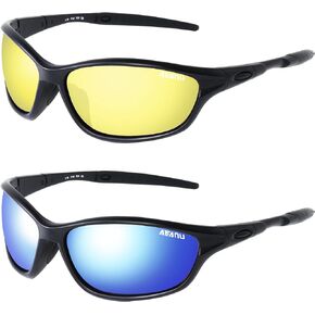 Sport Glasses for Men Women - UV400 Protection Glasses - Driving Cycling Running Glasses - Yellow Lens/Smoke + Blue Mirror- pack of 2