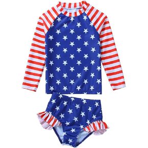 طقم ملابس سباحة للفتيات الصغيرات من Rash Guard للفتيات الصغيرات بأكمام طويلة من قطعتين مع ملابس سباحة بيكيني مكشكشة