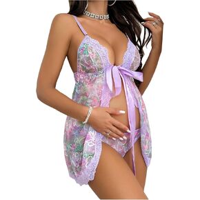 OYOANGLE Women's Maternity 2 Piece Lingerie Set Floral Lace Bow Tie Chemise Open Front Sleepwear
