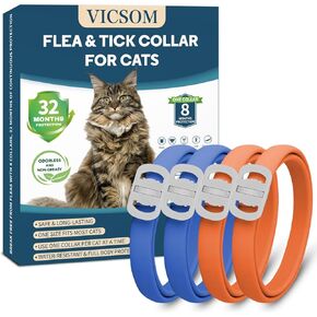 4 Pack Flea Collar for Cats, 32 Months Cat Flea and Tick Treatment, Flea and Tick Prevention for Cats, Waterproof Cat Flea Collar, Adjustable Cat Flea and Tick Collar for Cats Kittens, Blue & Orange