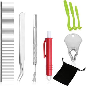 8 Pcs Quick & Safe Pet Hair Cleaning Tool Kit Including Stainless Steel Tweezers Remover Key Comb for Dogs Cats Human