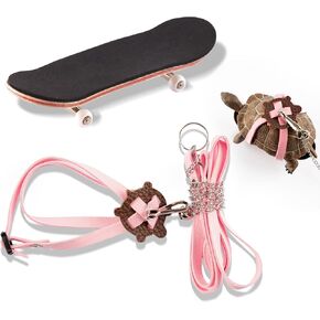 Tortoise Leash and Training Skateboard Toy, Mini Skateboard and Adjustable Harness for Turtle, Funny Tortoises Toys Accessories for Tortoise, Lizard, Small Animals (Pink)