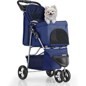 Magshion 3 Wheel Pet Cat Dog Stroller for Medium Small Dogs Cats 10-30lbs, Foldable Carrier Doggie Travel Jogger with Cup Holder and Storage Basket, Navy Blue