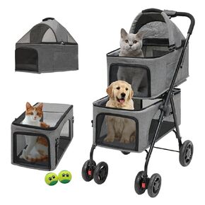 Double pet Stroller with Two Detachable pet Carriers， 4 Lockable Wheels ，Folding Dog Stroller for Small Medium Dogs Cats，Grey