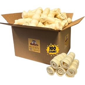 Woofley's 5-6 "Buffalo Beef Cheek Roll - (100 عدد) - لفائف خد لحم البقر للكلاب - مضغ الكلاب الطبيعية طويلة الأمد