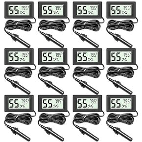 12-Pack LCD Digital Hygrometer and Thermometer, Indoor Hygrometer Meter, Humidity Gauge for Reptile Enclosures,Incubator Greenhouses (SD3013-with Probe)