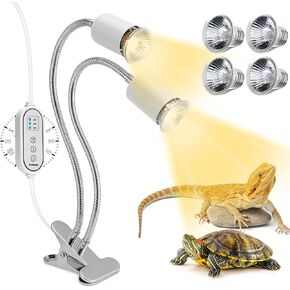 Reptile Heat Lamp, Dual Head Basking Light with Cycle Timer, Dimmable UVA Reptile Light for Turtle Tortoise Lizard Snake Bearded Dragon and More, 4 Bulbs (2PCS 25W + 2PCS 50W) Included
