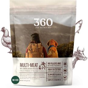 360 Pet Nutrition Freeze-Dried Raw Dog Food, High Protein, Complete Balanced Meal with Beef, Chicken,Organs, Whitefish, Omega-3, Fruit&Veg, Superfoods, No Fillers, 16oz Food/Bites/Kibble (Multi Meat)
