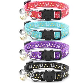 4 PCS Breakaway Cat Collar with Bell Moons Stars,Kitten Collar and Adjustable with Pendant Glow,Cute Kitty Collar for Girl Boy Cats,Pet Gifts,Accessories(4 Colors)