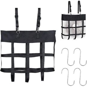 Box Fan Bag, Hanging Web Box Fan Holder for 20"×20" Box Fan, Black Horse Stall Fan Holder, Adjustable Horse Stall Fan Holder with 4 pcs Stainless Steel S Hook