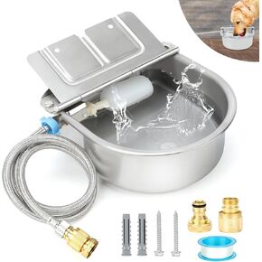 FHTONGE 304 Stainless Steel Automatic Dog Water Bowl Dispenser with Float Valves Drainage, Large Auto Fill Dog Water Bowl for Outdoor Big Dog Livestock Poultry Horse Cow Goat Pig Chicken Duck Rabbit