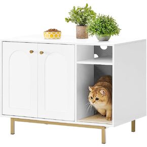 Cat Litter Box Enclosure, Hidden Litter Box Furniture, Wooden Pet House Side End Table, Storage Cabinet Bench for Living Room, Bedroom, 31.5 x 19.7 x 23.9 inches, White and Gold 01503GCLB