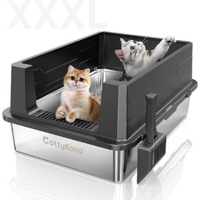 Stainless Steel Cat Litter Box 28" L x 20" W, XXXL Extra Large Litter Pan-for Big Cats,Jumbo Litter Box High Sided, Never Absorbs Odors, Anti-Urine Leakage, Easy Cleaning, Include Scoop