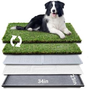 HQ4US Dog Grass Pad مع صينية كبيرة 34 "× 23" مرحاض صندوق القمامة مع 2 × العشب الاصطناعي للكلاب مع حافة الحافة ، والفساتس للكلاب ، واقعية ، أقل نتن ، قعادة للشرفة in Kuwait