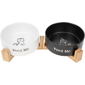 cat food bowls with wood stand for food & water, basic ceramic cat bowls for indoor cats and small dogs, Weighted Pet Bowl Set, black and white