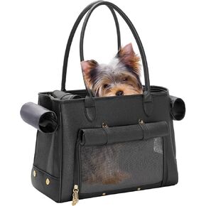 Fashion Pet Carrier Purse for Small Cat and Dog, Luxury Pu Soft-Sided Tote Bag with Large Pockets for Dogs and Puppies (Black, 15.8" L x 7.5" W x 11.8" H)