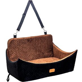 Dog Car Seat for Large Size Dog, Portable Dog Booster Car Seat,Pet Car Seat,Super Soft Fabric Dog Car Bed Filling Memory Foam, Removable and Washable (Black/Brown,Large)