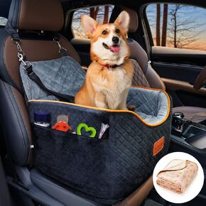 Memory Foam Booster Dog Car Seat with Washable Removable Cover, Elevated Pet Car Seat, Anti-Slip Sturdy Dog Booster Seats for Small Dogs 35lbs, Dog Seat Belt, Storage Pocket, Dog Blankets