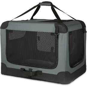 Amazon Basics 4-Doors Portable Soft-Sided Folding Travel Crate Kennel for cat, Dog, and Other Small Animals, Grey, S 26" x 18" x 18"
