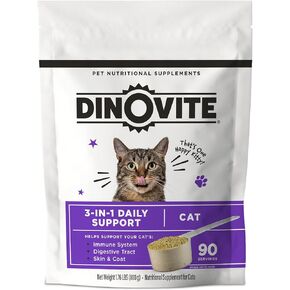 Dinovite for Cats Supplement - Immune + Digestive, Skin + Coat Support, Vitamins, Minerals, Omega 3, Enzymes, Probiotics. Reduces Shedding, Dry Skin, Itching, Stinking, Bald Spots, Seasonal Issues