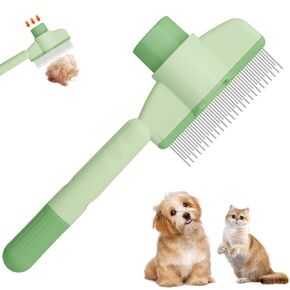 Pet Hair Removal Comb Flea Comb, 2025 New Cat Grooming Brush, Cat Brush with Release Button, De-Shedding Cat Hair Comb, Cat Grooming Supplies, Cat Brush for Short and Long Hair Cats (Green)