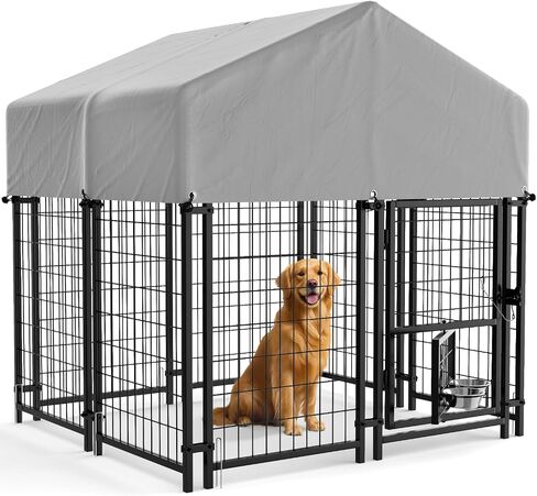 Greesum Large Outdoor Dog Kennel, Heavy Duty Welded Wire Steel Dog Playpen Fence with Secure Lock/UV-Resistant Waterproof Roof Cover/Rotaing Feeder Bowls, for Small/Medium/Large Dogs, L in Saudi Arabia