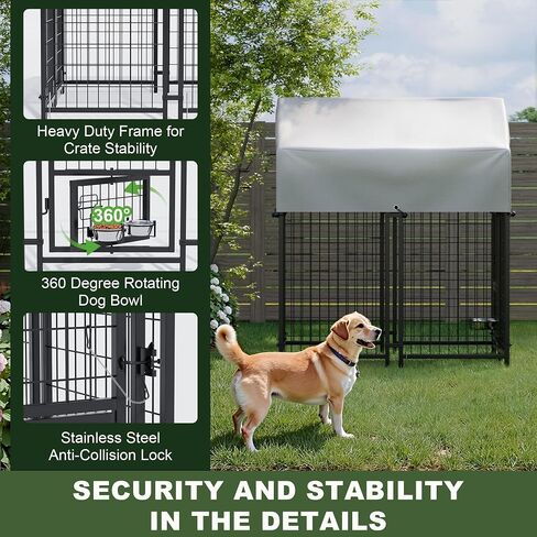 Greesum Large Outdoor Dog Kennel, Heavy Duty Welded Wire Steel Dog Playpen Fence with Secure Lock/UV-Resistant Waterproof Roof Cover/Rotaing Feeder Bowls, for Small/Medium/Large Dogs, L in Saudi Arabia