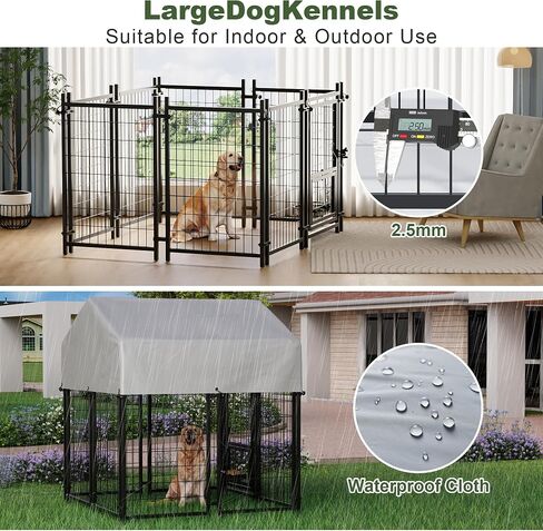 Greesum Large Outdoor Dog Kennel, Heavy Duty Welded Wire Steel Dog Playpen Fence with Secure Lock/UV-Resistant Waterproof Roof Cover/Rotaing Feeder Bowls, for Small/Medium/Large Dogs, L in Saudi Arabia