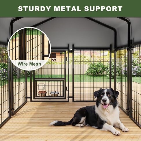 Greesum Large Outdoor Dog Kennel, Heavy Duty Welded Wire Steel Dog Playpen Fence with Secure Lock/UV-Resistant Waterproof Roof Cover/Rotaing Feeder Bowls, for Small/Medium/Large Dogs, L in Saudi Arabia