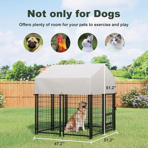 Greesum Large Outdoor Dog Kennel, Heavy Duty Welded Wire Steel Dog Playpen Fence with Secure Lock/UV-Resistant Waterproof Roof Cover/Rotaing Feeder Bowls, for Small/Medium/Large Dogs, L in Saudi Arabia