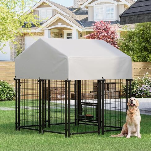 Greesum Large Outdoor Dog Kennel, Heavy Duty Welded Wire Steel Dog Playpen Fence with Secure Lock/UV-Resistant Waterproof Roof Cover/Rotaing Feeder Bowls, for Small/Medium/Large Dogs, L in Saudi Arabia