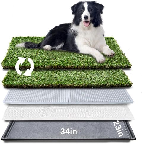 HQ4us Dog Grass Pad with Tray Large 34"×23" Dog Litter Box Toilet with 2×Artificial Grass for Dogs with Hemmed Edge, Pee Pads for Dogs, Realistic, Less Stink, Potty for Balcony in Kuwait
