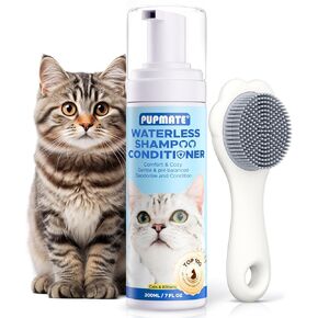 Waterless Cat Shampoo and Conditioner with Brush - No Rinse Foam Dry Shampoo | Deep Cleansing Relieves Itchy Skin & Shedding | Gentle, pH-Balanced for Kittens Sensitive Skin | Cat Bath