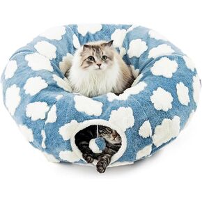 Cat Tunnel Bed with Central Washable Cushion, Indoor Cat Tunnel Tube Toys 3 Shape to Play, Blue Sky and White Clouds Theme, Round Plush Cat Toy Tunnel Bed for Kitten, Cat, Puppy, Rabbit (Blue)