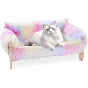 MABOZOO Plush Tie-Dye Cat Couch Bed, Pink Cat Sofa Bed Pet Sofa for Indoor Cats, Wooden Elevated Pet Sofa Bed Cat Chair for Kitty, Puppy or Small Animal