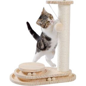 Made4Pets Cat Scratching Post Cat Scratcher Kitten Toys for Indoor Cats Wooden Ball Track Two-Layer Modern Sisal 17.7" Tall Scratch Post Interactive Toy with Dangling Ball