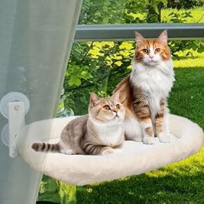 Cat Window Perch, Cordless Foldable Cat Hammock Perch Large23.8''*11.8'' - 4 Suction Cups Resting Seat, Solid Metal Frame, Washable Cover with Two Fabrics to Different Seasons for Large Cat(White)