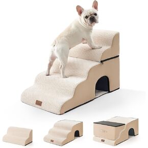 Wide Dog Stairs for High Beds with Tunnel 19.7 Width, Foam Detachable Large Dog Step for Small Dog, Puppy or Cats, Medium Pet Ramp for Bed or Car, 19.7x33x22.4 inch, 5 Tiers, Beige