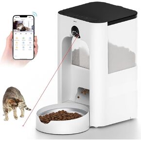 التغذية التلقائية مع الكاميرا للكاميرا ، موزع طعام WiFi Cat 5g مع ندف الليزر ، رؤية ليلية ، فيديو 1080p HD ، مسجل صوتي 15S ، تنبيهات منخفضة للأغذية/الحركة (01-أبيض)