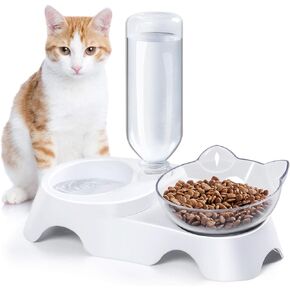 MILIFUN Double Dog Cat Bowls - Pets Water and Food Bowl Set, 15°Tilted Water and Food Bowl Set with Automatic Waterer Bottle for Small or Medium Size Dogs Cats