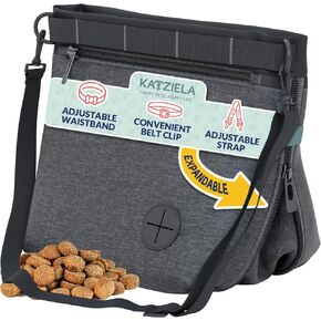Katziela Expandable Pet Treat Pouch - Hands Free Dog Treat Pouch, Quick Access Magnet Closure - Anti Spill Dog Treat Bag - Treat Pouches for Pet Training, Adjustable Shoulder Strap & Belt Clip (Black)