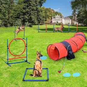 YITAHOME Dog Agility Training Equipments: Includes Flirt Pole Accessorie, 3 Flying Discs, 1 Agility Tunnel, 2 Jumps, 6 Weave Poles, Pause Box, Dog Agility Course Backyard Set Indoors Outdoors