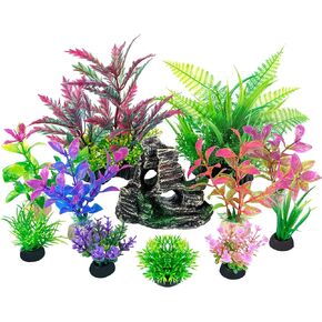 Ameliade Fish Tank Decorations Aquarium Artificial Plastic Plants & Cave Rock Decor Set, Betta Goldfish Turtle Fish Tank Accessories Small Large Aquarium Decorations Kit (12 PCS)