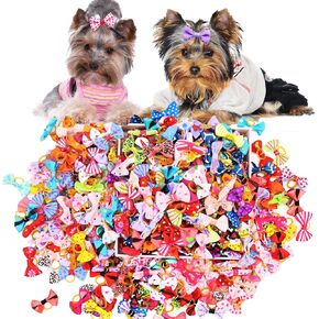 100PCS Cute Puppy Dog Small Bowknot Hair Bows,Yorkie Doggie Bows with Rubber Band Pet Grooming Bows Dog Hair Costume Accessories for Small Dog