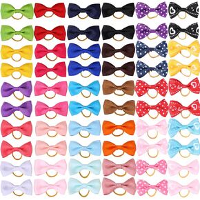 Puppy Dog Hair Bows, 60 Pieces Small Bowknot Hair Bows with Rubber Bands Handmade Hair Accessories Bow Pet Grooming Products (60pcs Dog Bow)